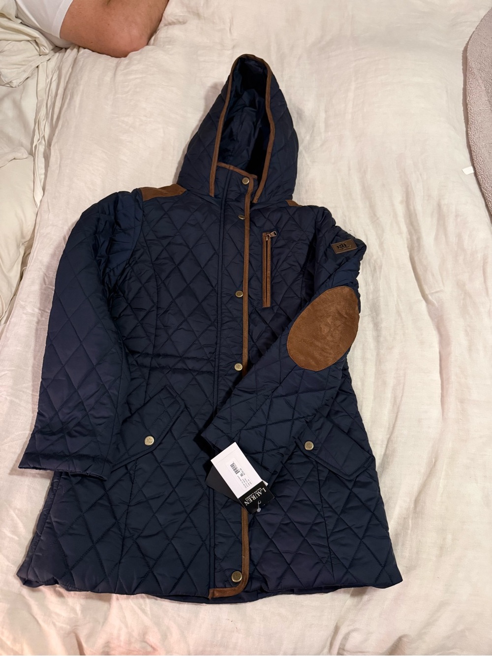 Ralph Lauren Navy Quilted Hooded Jacket with Brown Trim